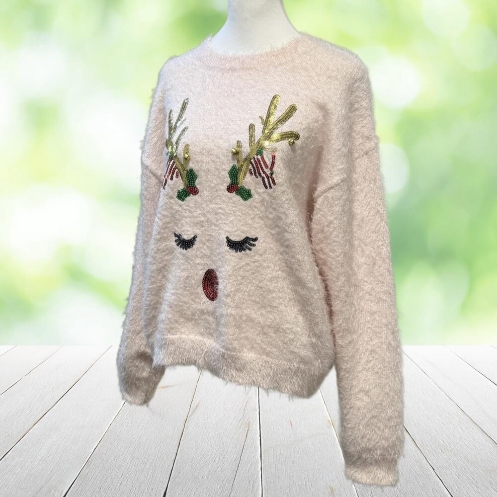 HOLIDAY TIME Christmas Sweater Womens XL Pink Sequin Reindeer Faux Angora Fluffy - Picture 10 of 10